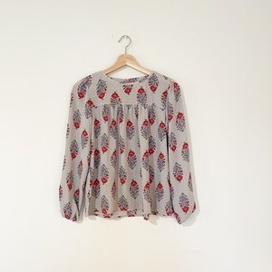 Loft Gray Floral Long Sleeve Blouse